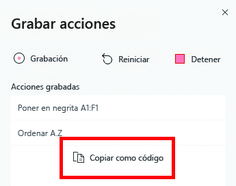 Panel de tareas Grabadora de acciones con el botón 