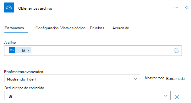 La acción get .csv file completada en el panel de tareas de acción.