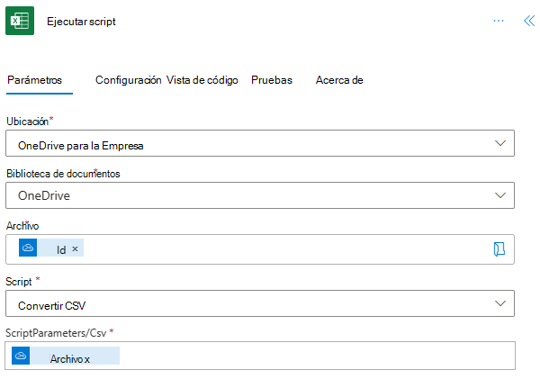 El paso Ejecutar script completado en el panel de tareas de acción.