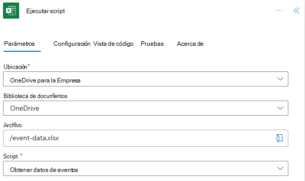 Conector de Excel Online (Empresa) completado para el primer script en Power Automate.