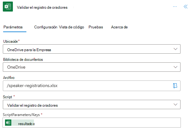 Conector de Excel Online (Empresa) completado para el segundo script en Power Automate.