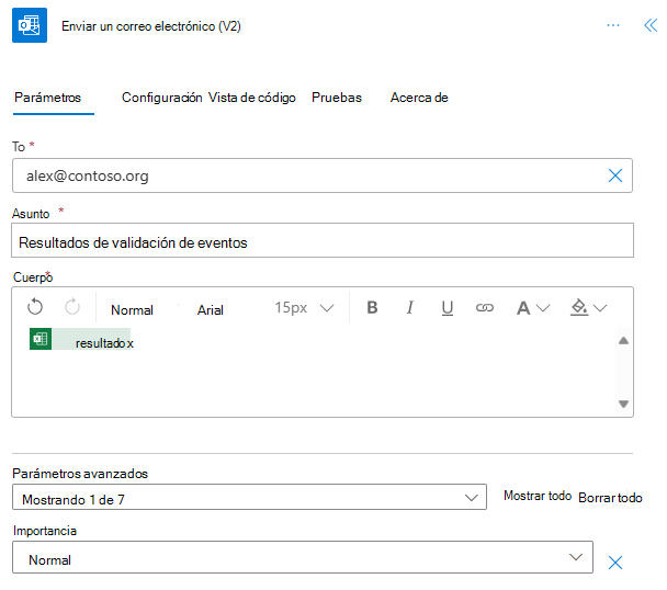 El conector de Outlook Office 365 completado en Power Automate.