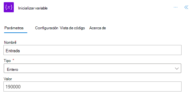 Acción Inicializar variable con los valores especificados.