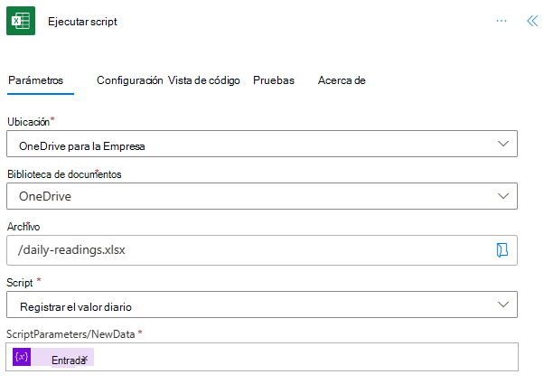 La acción Ejecutar script con los valores especificados.