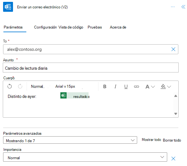 El conector de Outlook completado en Power Automate.