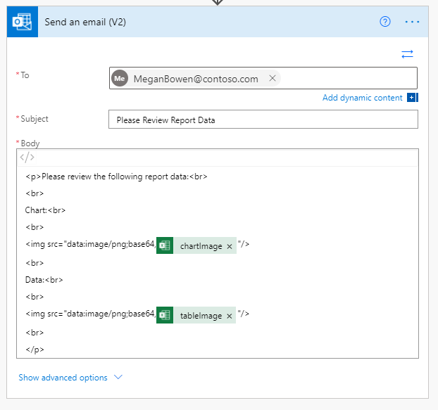 El conector de Outlook Office 365 completado en Power Automate.