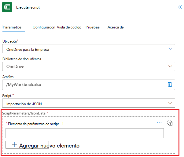 Un conector de Excel Online (Empresa) que muestra una acción Ejecutar script con el parámetro jsonData.