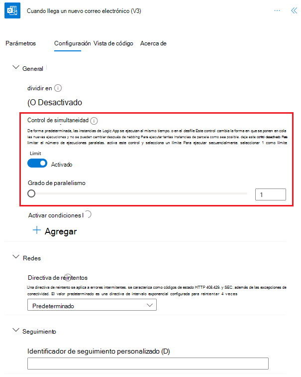 Las opciones de simultaneidad en el menú de configuración.