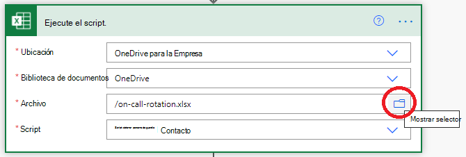 La acción Ejecutar script de Power Automate que muestra la opción Mostrar explorador de archivos selectores.