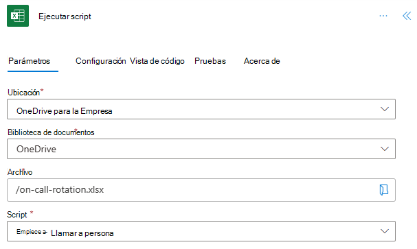 La configuración del conector de Power Automate para ejecutar un script.