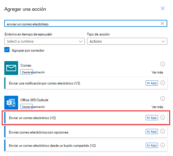 Panel de tareas de selección de acciones que muestra las acciones para el conector de Outlook de Office 365. La acción Enviar un correo electrónico (V2) está resaltada.