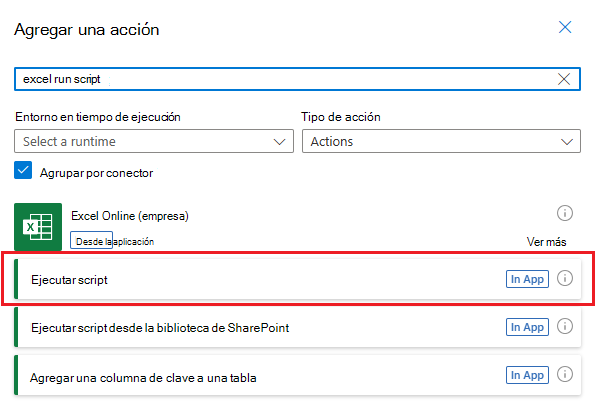 Panel de tareas de selección de acciones que muestra las acciones para el conector de Excel Online (Empresa). La acción Ejecutar script está resaltada.