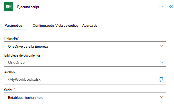 La configuración del conector de Power Automate para ejecutar un script.