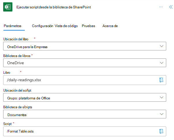 La acción Ejecutar script desde la biblioteca de SharePoint con campos completados que muestran que la ubicación del libro es 