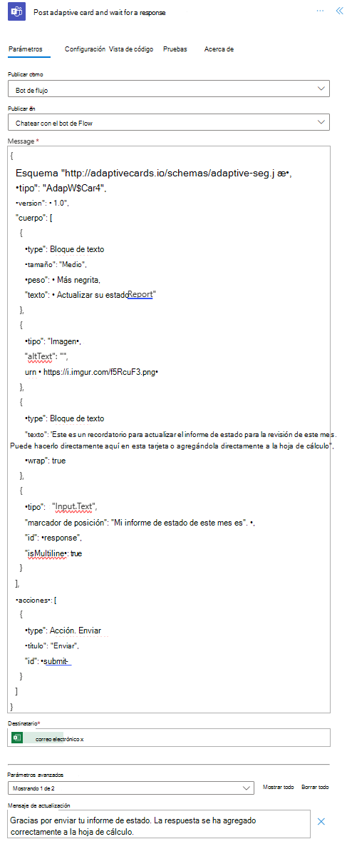 Flujo de Power Automate que muestra la acción de tarjeta adaptable completada.