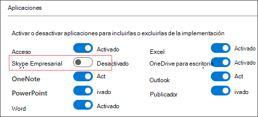 Captura de pantalla de las opciones de configuración de la Herramienta de personalización de Office que muestra los alternancias para incluir o excluir aplicaciones como Skype Empresarial, Outlook y Excel de la implementación.