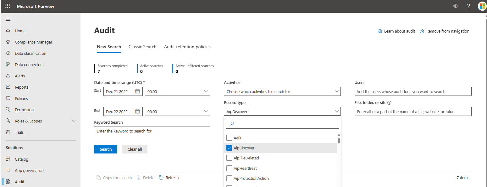 Configuraciones de auditoría de AipDiscover