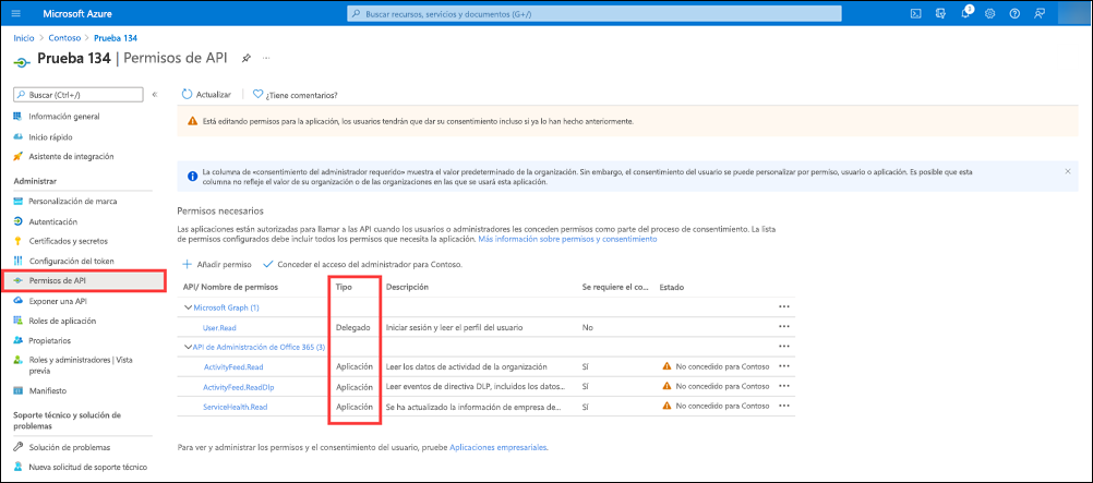 Permisos de API para la aplicación