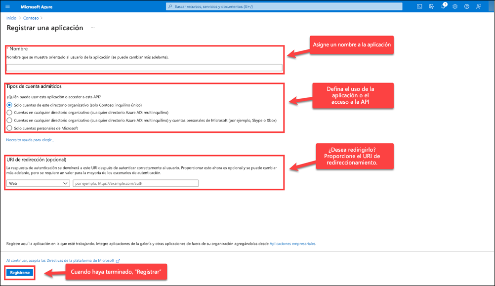 Proceso de registro de la aplicación