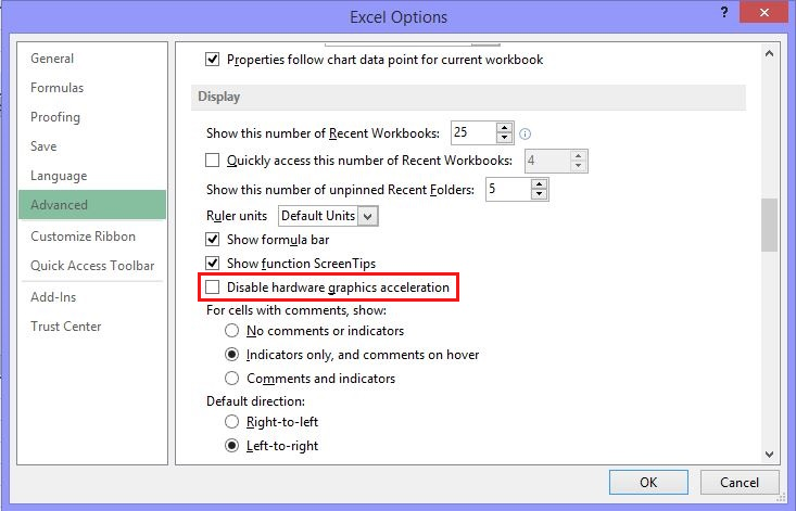 Seleccione la opción Deshabilitar aceleración gráfica de hardware para deshabilitar la aceleración por hardware en la configuración de Opciones de Office.