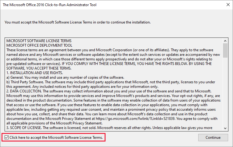 Captura de pantalla de los Términos de licencia del software de Microsoft.