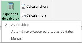 Opciones de cálculo en la ficha Fórmulas