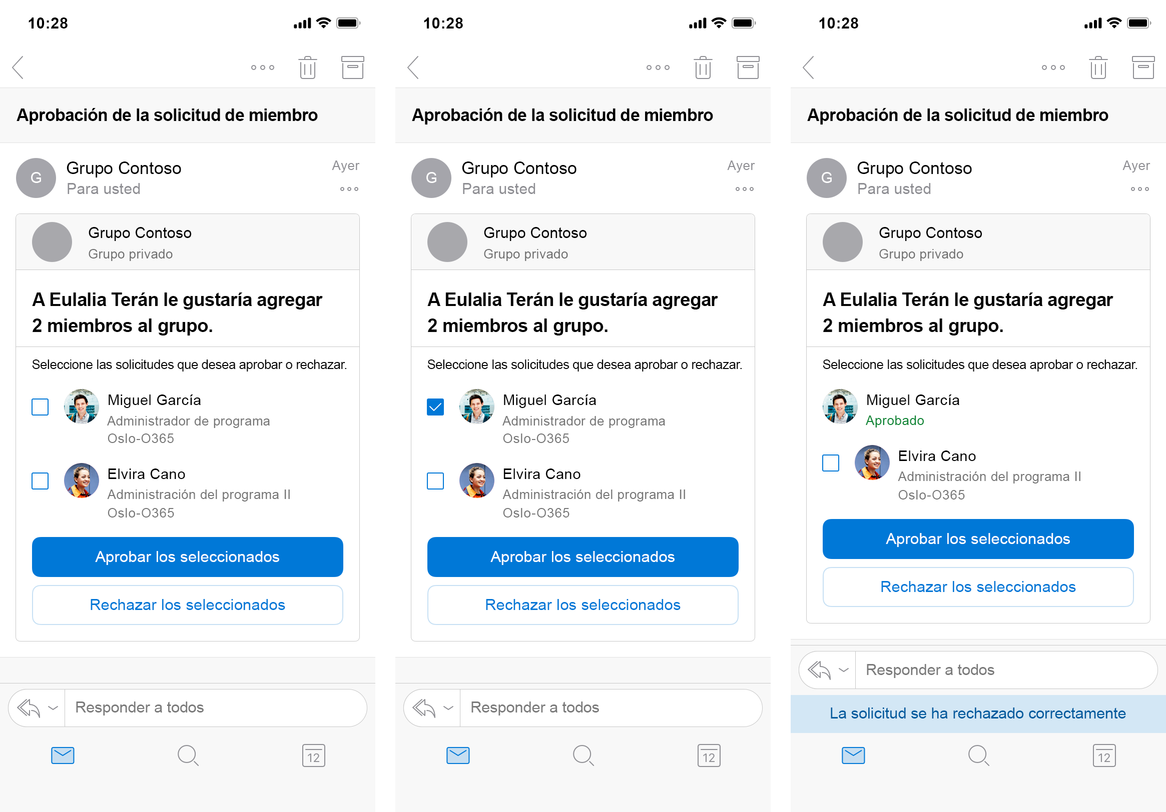 Una tarjeta de mensaje para agregar miembros al grupo muestra la solicitud aprobada del primer miembro representada en Outlook en iOS.