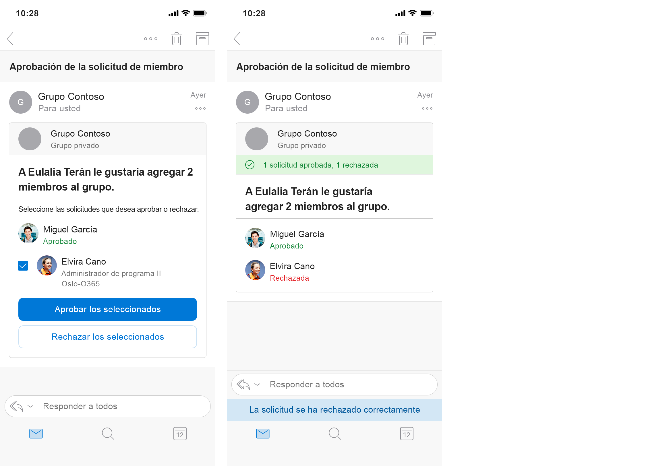 Una tarjeta de mensaje para agregar miembros al grupo muestra la solicitud rechazada del segundo miembro representada en Outlook en iOS.