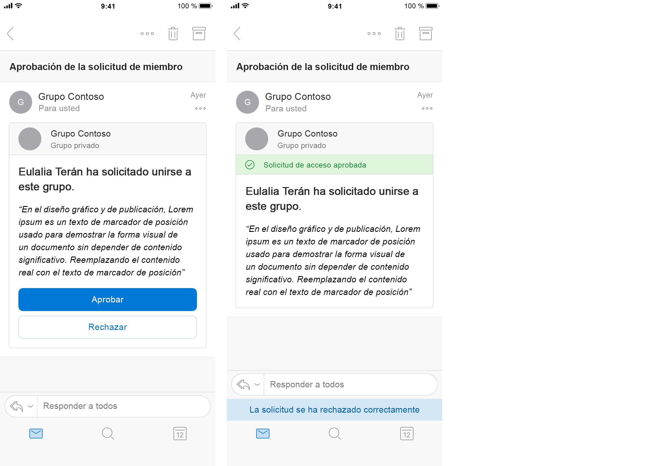 Una tarjeta de mensaje para solicitar unirse al grupo representada en Outlook en iOS