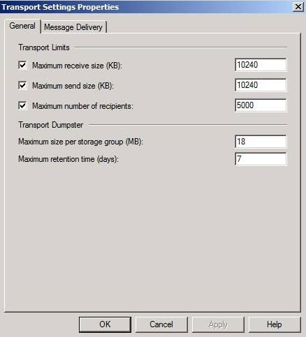 Captura de pantalla del cuadro de diálogo Configuración propiedades de transporte.