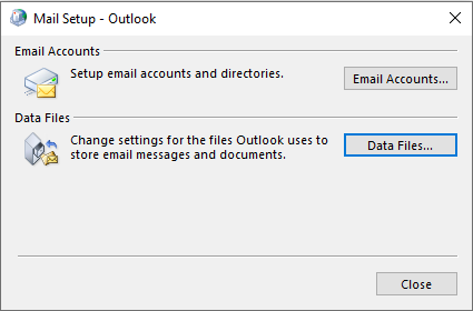 Captura de pantalla del cuadro de diálogo Configuración de correo - Outlook. El botón Archivos de datos está resaltado.