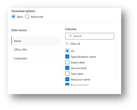 Captura de pantalla del modal del selector de columnas.