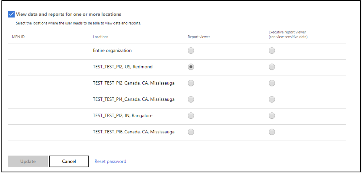 Muestra la configuración de roles de Información del Centro de partners específico de la ubicación para el visor de informes y el Visor de informes ejecutivos.