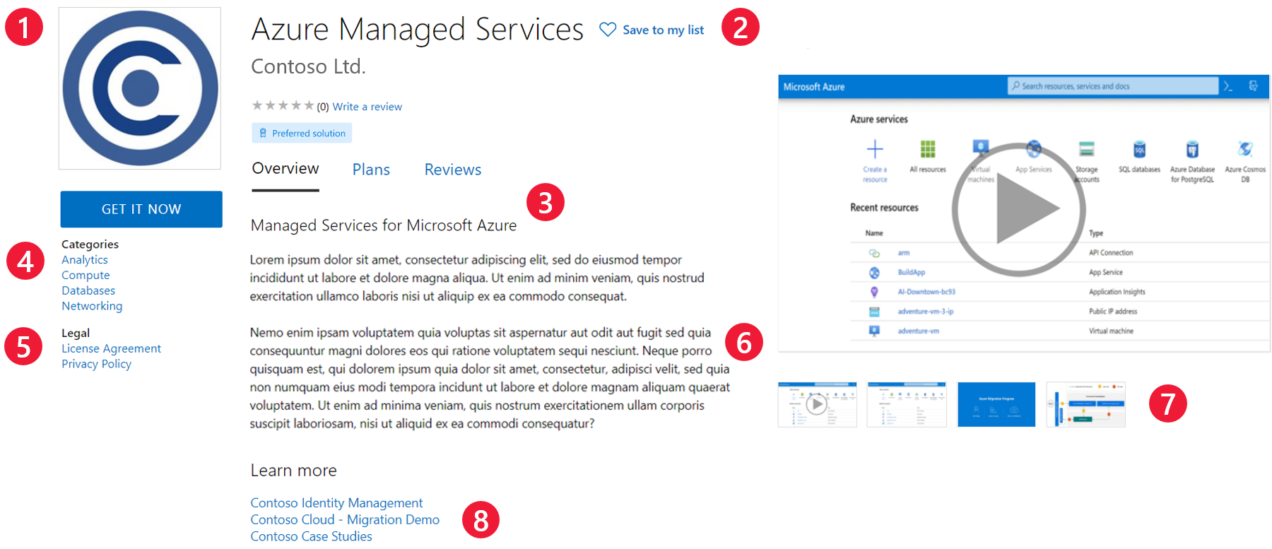 Imagen de cómo aparece una oferta de servicio administrado en Azure Marketplace.