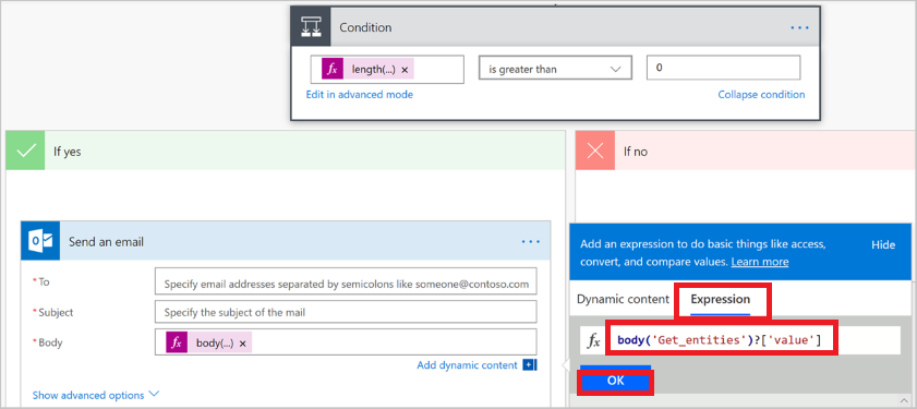 Ventana Condición, si es sí, ventana de Office 365 Outlook