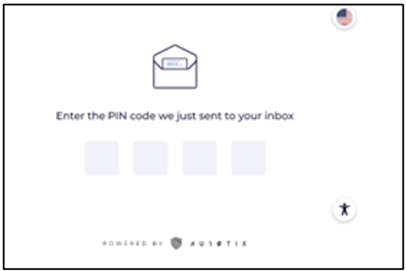 Captura de pantalla de la página de AU10TIX: escriba el código PIN que acabamos de enviar a la bandeja de entrada.