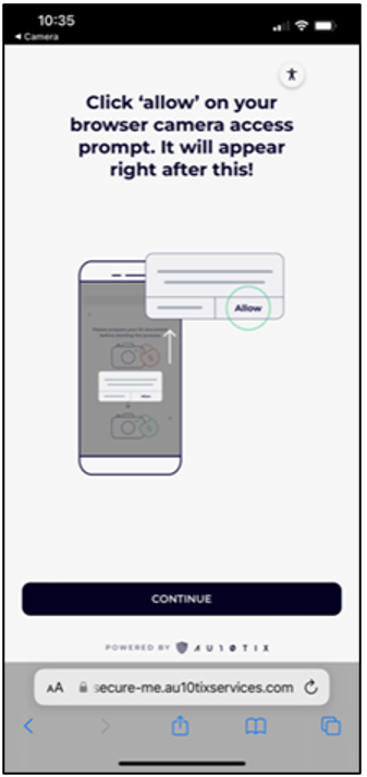 Captura de pantalla de la página de AU10TIX en un dispositivo móvil, con la página: haga clic en Permitir en el símbolo del sistema de acceso del camer del explorador. ¡Aparecerá justo después de esto!