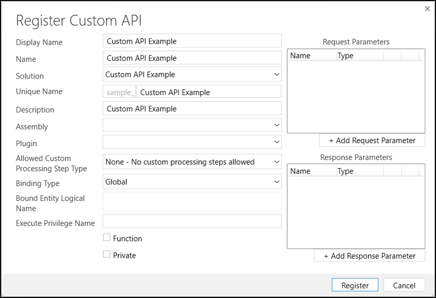 Formulario de API personalizada de PRT