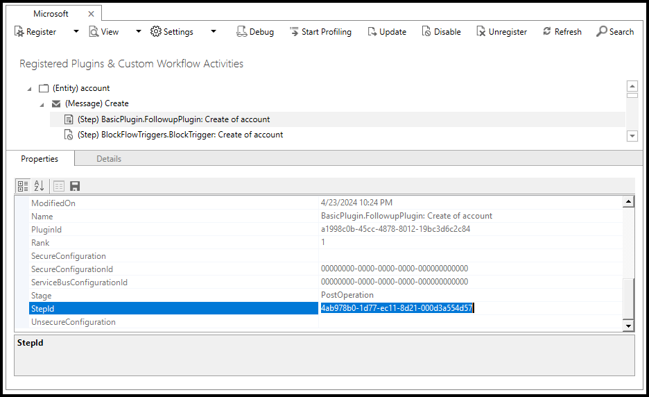 Use la herramienta de registro de complementos para encontrar el valor StepId