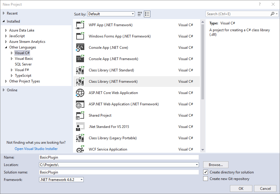 Abra un nuevo proyecto de biblioteca de clases (.NET Framework) mediante .NET Framework 4.6.2.