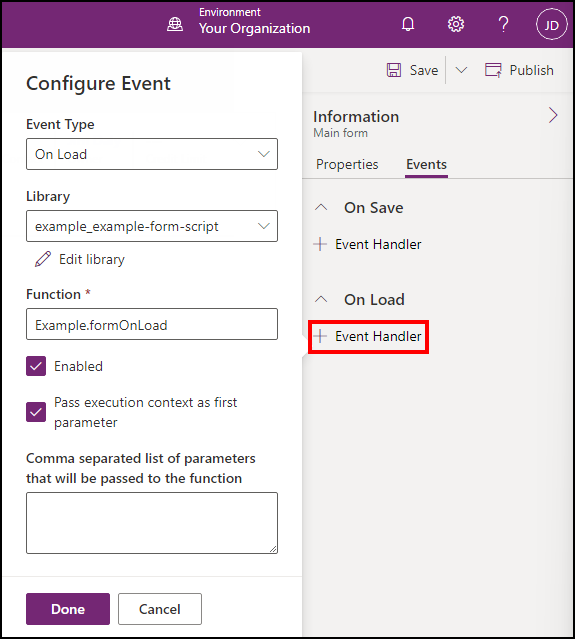 Configurar el controlador On Load de formulario