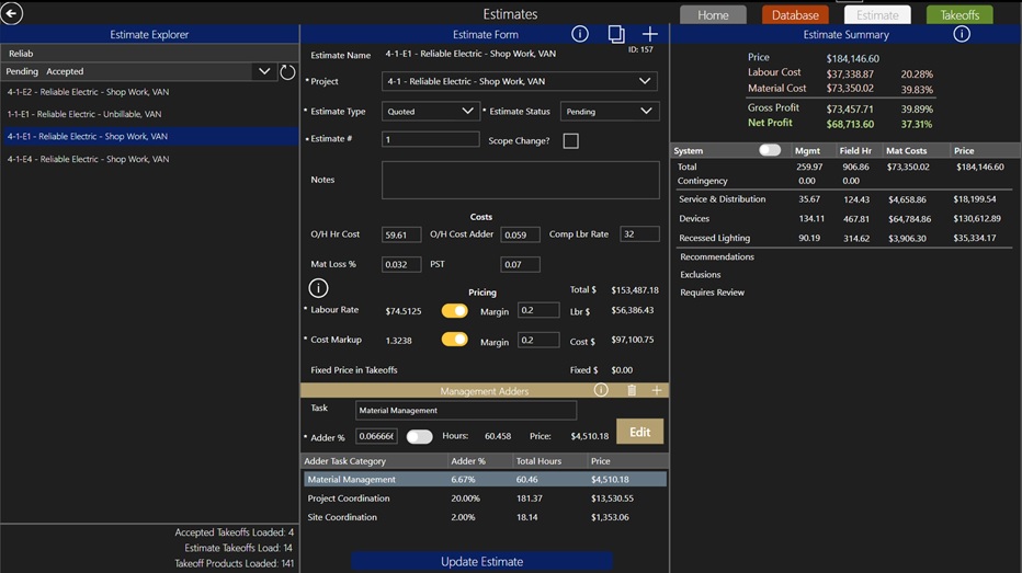 Captura de pantalla de la aplicación de estimación de proyectos de Reliable Electric.