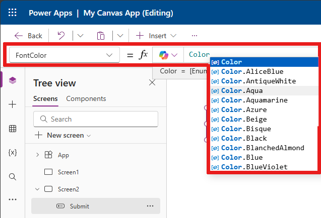 Captura de pantalla que muestra las opciones de control que puede configurar en la barra de fórmulas para un control.