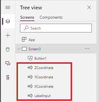 Una captura de pantalla de la vista de árbol de Power Apps Studio que muestra cuatro controles Entrada de texto renombrados.