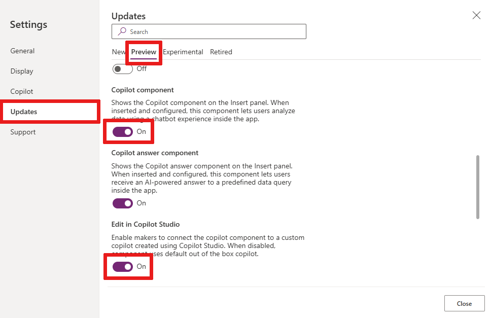 Captura de pantalla de la configuración de la aplicación en Power Apps Studio, con el componente Copilot y las opciones Editar en Copilot Studio resaltadas.