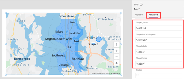 Una captura de pantalla de las propiedades avanzadas de un control Mapa, con los campos de origen de datos proporcionados y las formas resultantes mostradas en el mapa.