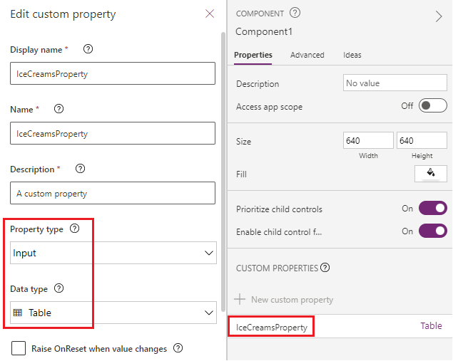 La propiedad de entrada personalizada espera el tipo de datos de la tabla.