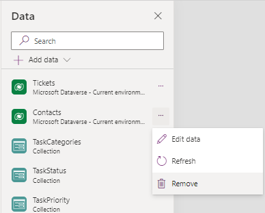 Captura de pantalla que muestra la opción Eliminar del menú de desbordamiento de una tabla en el panel Datos