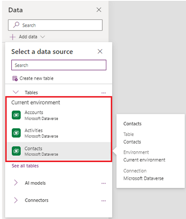 Captura de pantalla que muestra cómo agregar una tabla desde el panel de datos