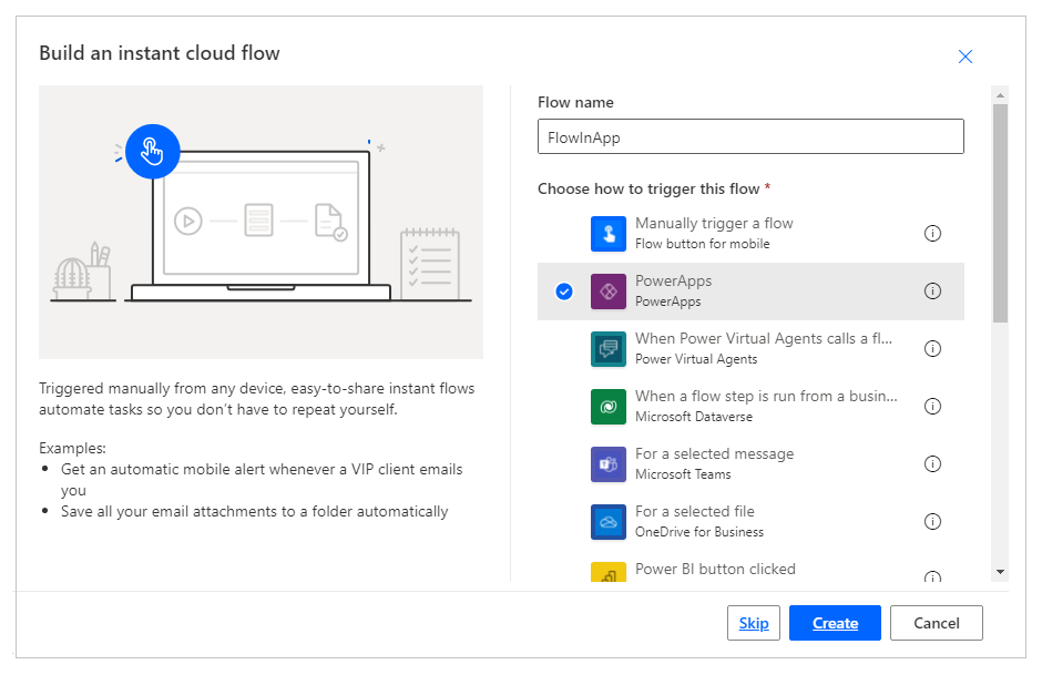 Cree un flujo instantáneo usando el desencadenador de Power Apps.